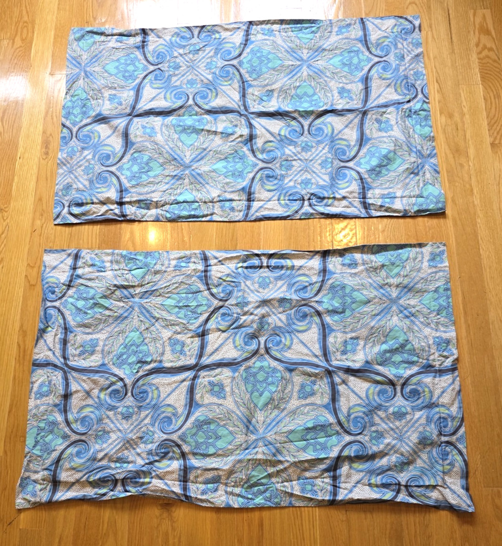 Pottery Barn Alina Moroccan Tile King Shams 2 Aqua Blue Organic Cotton Medallion